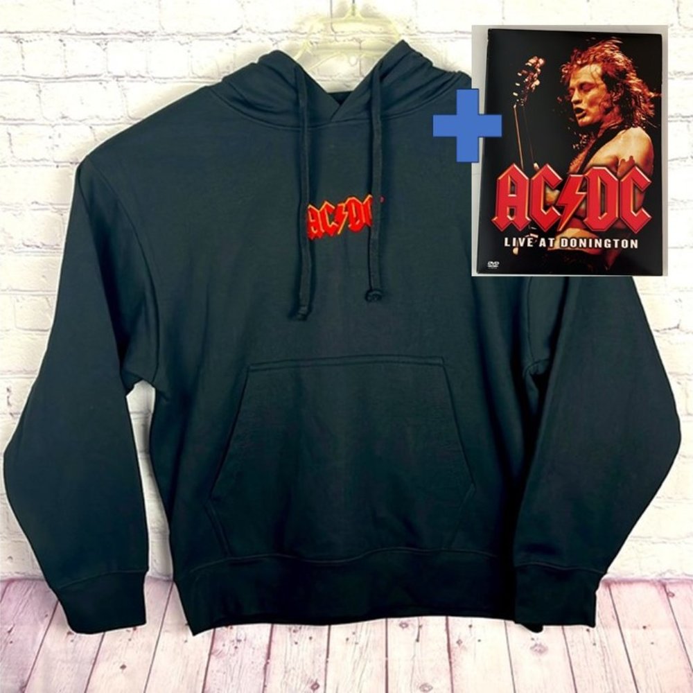 ACDC Unisex Black Hoodie Sz. Medium & Live in Donington Concert CD- Bundle